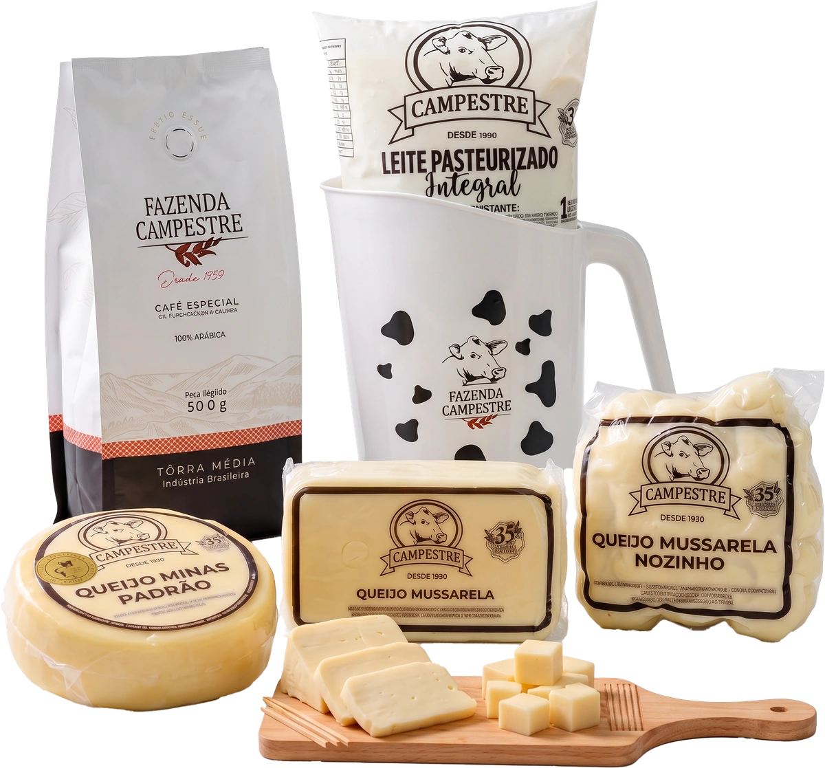 Composição de produtos Fazenda Campestre: Café Especial, Leite Pasteurizado Integral na jarra e Queijos artesanais